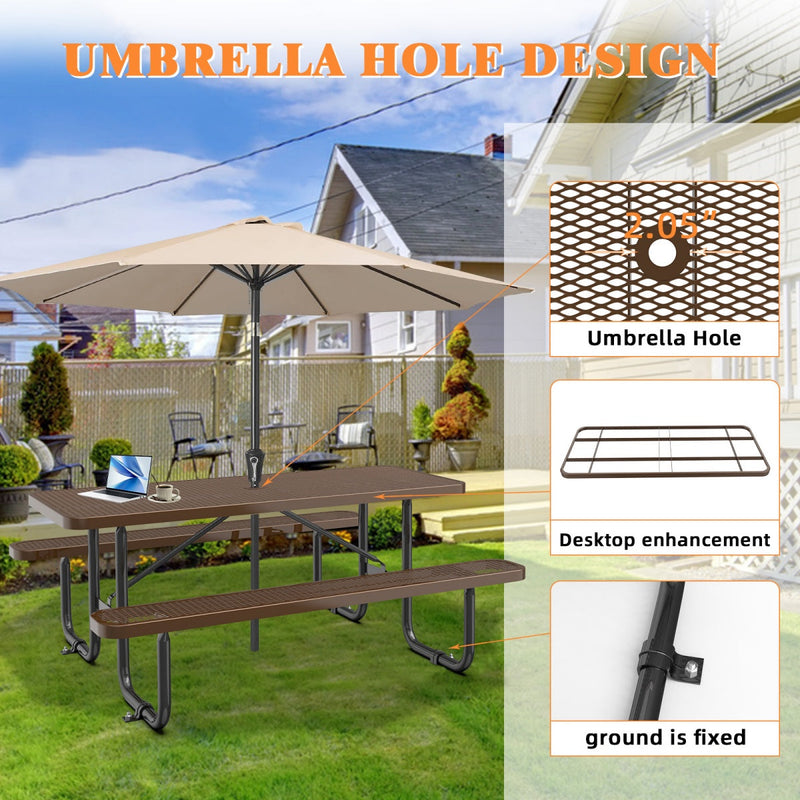 6 ft Metal Picnic Tables for Outdoors, Rectangle Coated Steel Patio Furniture Set
