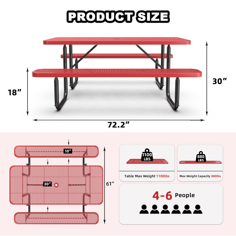 6 ft Metal Picnic Tables for Outdoors, Rectangle Coated Steel Patio Furniture Set
