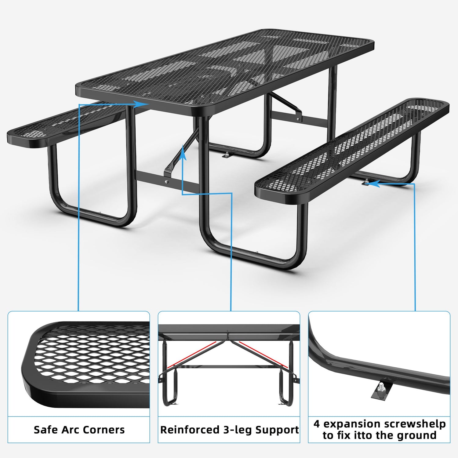 6 ft Metal Picnic Tables for Outdoors, Rectangle Coated Steel Patio Furniture Set
