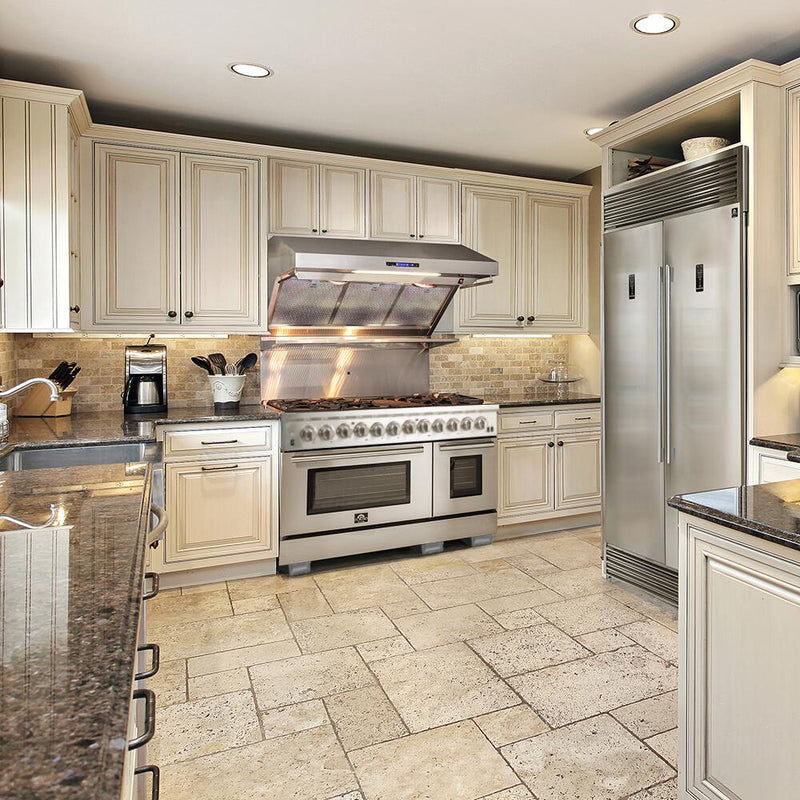FORNO Appliance Package - 48" Gas Range, Range Hood, 60" Refrigerator, Dishwasher, Microwave Drawer, Wine Cooler, AP-FFSGS6244-48-22