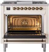 ILVE Nostalgie II 36-Inch Freestanding Natural Gas Dual Fuel Range in Antique White with Bronze Trim (UP36FNMPAWB)