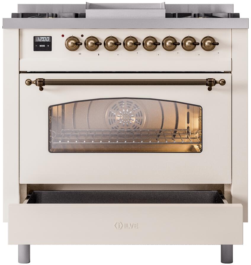 ILVE Nostalgie II 36-Inch Dual Fuel Freestanding Range in Antique White with Bronze Trim (UP36FNMPAWBLP)