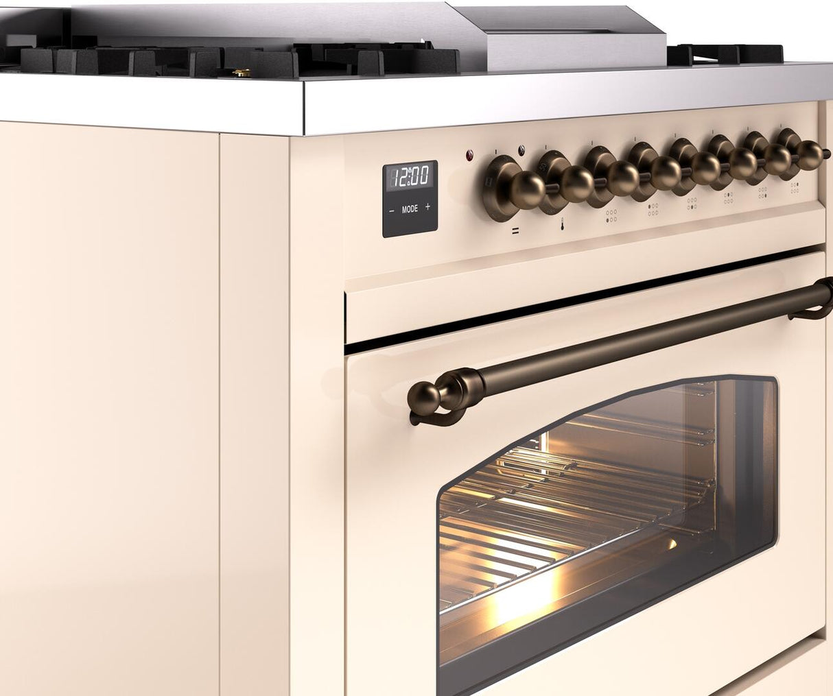 ILVE Nostalgie II 36-Inch Dual Fuel Freestanding Range in Antique White with Bronze Trim (UP36FNMPAWBLP)
