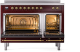 ILVE Nostalgie II 48-Inch Freestanding Electric Induction Range in Burgundy with Brass Trim (UPI486NMPBUG)
