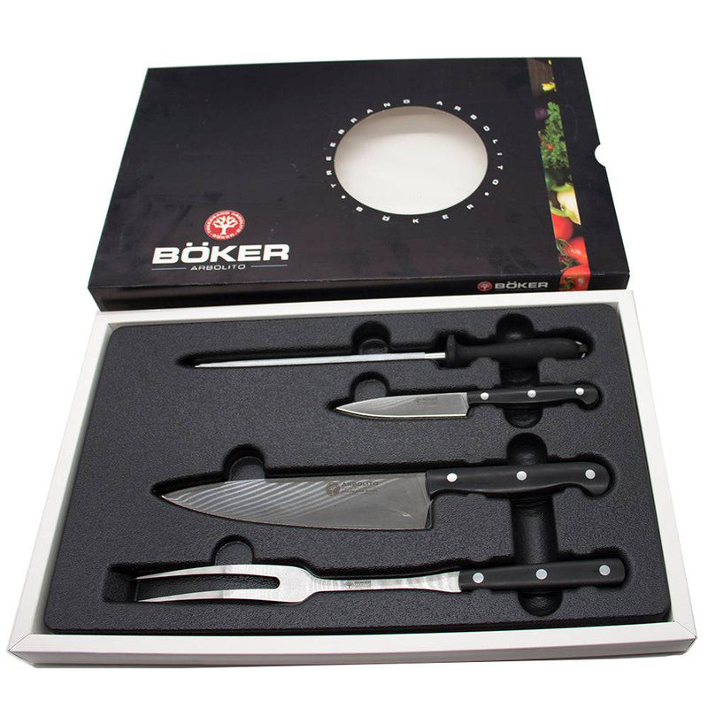 BOKER Premiun Meat Fork, Carving & Steak Knives & Sharpening Tool Set  | KF02