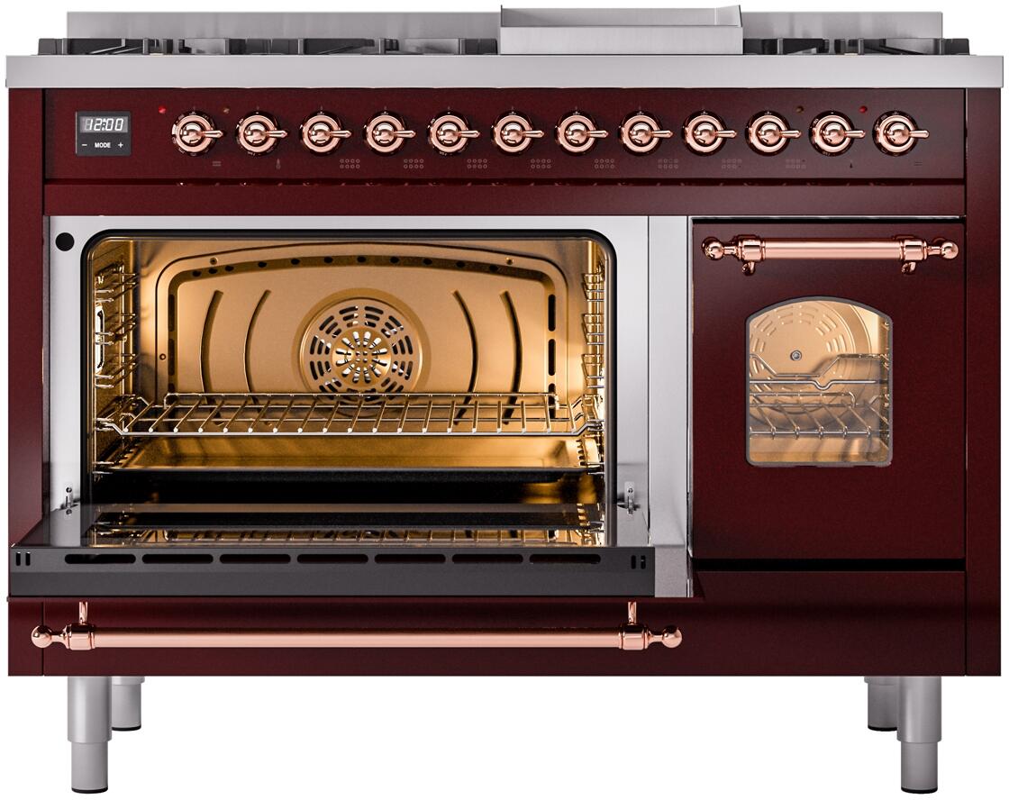 ILVE Nostalgie II 48-Inch Freestanding Natural Gas Dual Fuel Range in Burgundy with Copper Trim (UP48FNMPBUP)