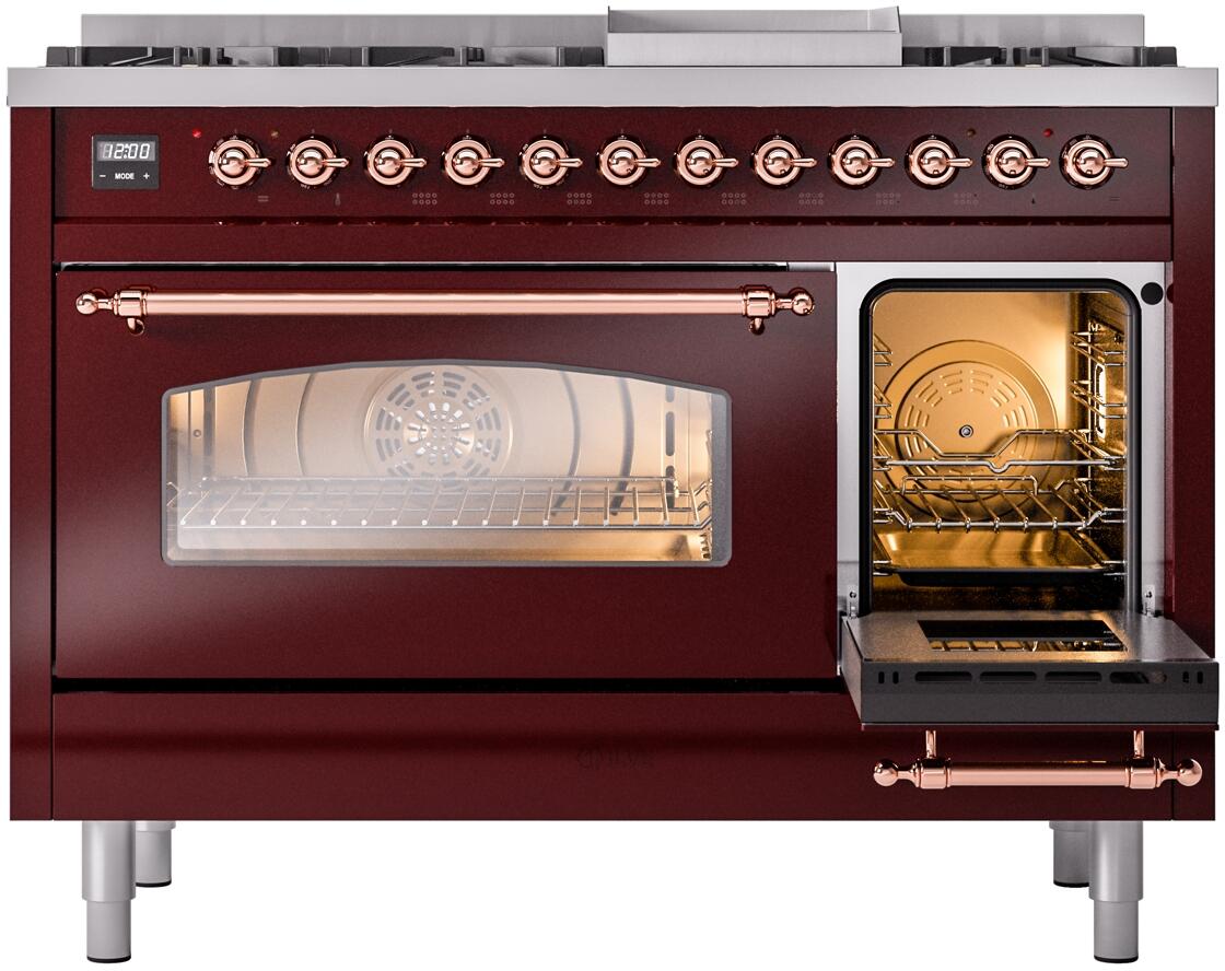 ILVE Nostalgie II 48-Inch Freestanding Natural Gas Dual Fuel Range in Burgundy with Copper Trim (UP48FNMPBUP)