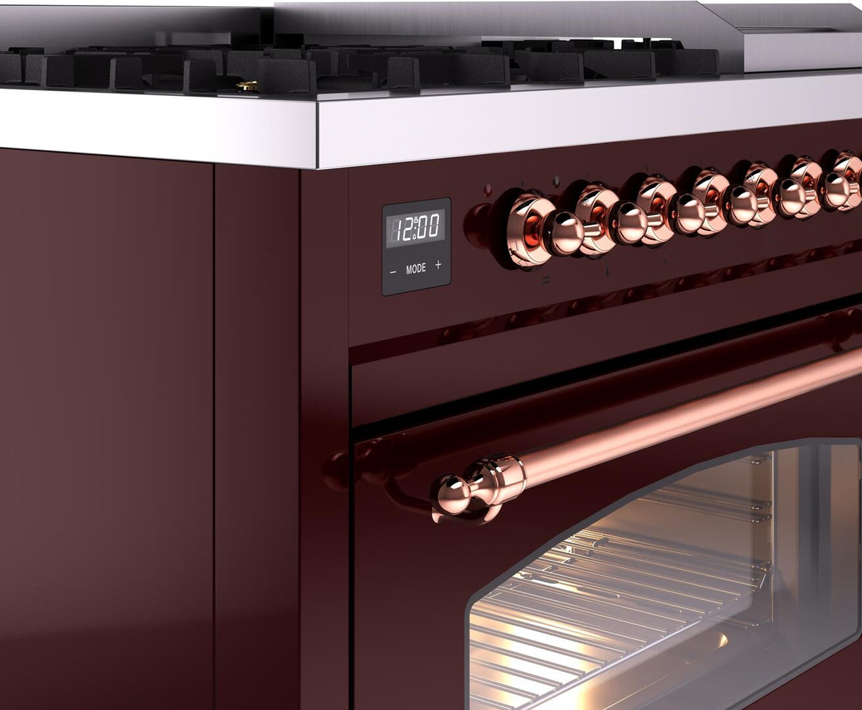 ILVE Nostalgie II 48-Inch Freestanding Natural Gas Dual Fuel Range in Burgundy with Copper Trim (UP48FNMPBUP)