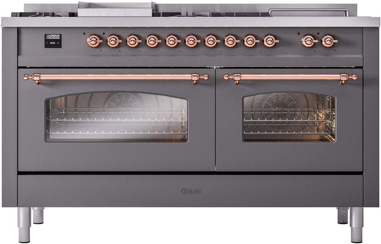 ILVE Nostalgie II 60-Inch Propane Gas Dual Fuel Range with 7 Burners, Griddle, & French Top with Triple Glass Door Oven in Matte Graphite with Copper Trim (UP60FSNMPMGPLP)