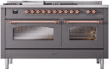 ILVE Nostalgie II 60-Inch Propane Gas Dual Fuel Range with 7 Burners, Griddle, & French Top with Triple Glass Door Oven in Matte Graphite with Copper Trim (UP60FSNMPMGPLP)