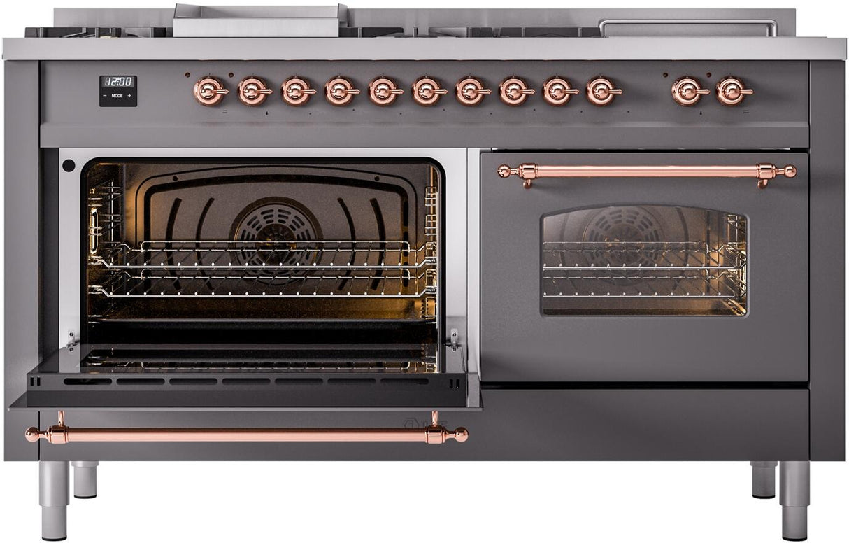 ILVE Nostalgie II 60-Inch Propane Gas Dual Fuel Range with 7 Burners, Griddle, & French Top with Triple Glass Door Oven in Matte Graphite with Copper Trim (UP60FSNMPMGPLP)