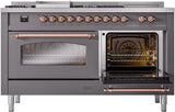 ILVE Nostalgie II 60-Inch Propane Gas Dual Fuel Range with 7 Burners, Griddle, & French Top with Triple Glass Door Oven in Matte Graphite with Copper Trim (UP60FSNMPMGPLP)