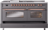 ILVE Nostalgie II 60-Inch Propane Gas Dual Fuel Range with 7 Burners, Griddle, & French Top with Triple Glass Door Oven in Matte Graphite with Copper Trim (UP60FSNMPMGPLP)
