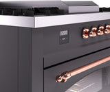 ILVE Nostalgie II 60-Inch Propane Gas Dual Fuel Range with 7 Burners, Griddle, & French Top with Triple Glass Door Oven in Matte Graphite with Copper Trim (UP60FSNMPMGPLP)