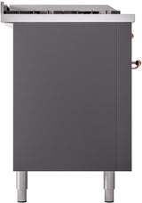 ILVE Nostalgie II 60-Inch Propane Gas Dual Fuel Range with 7 Burners, Griddle, & French Top with Triple Glass Door Oven in Matte Graphite with Copper Trim (UP60FSNMPMGPLP)