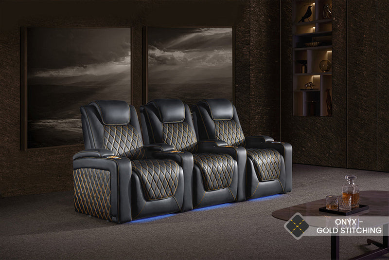 Valencia 2025 New Oslo Ultimate Luxury Leather Home Theater Seating Row of 2, Onyx with Gold Stitching