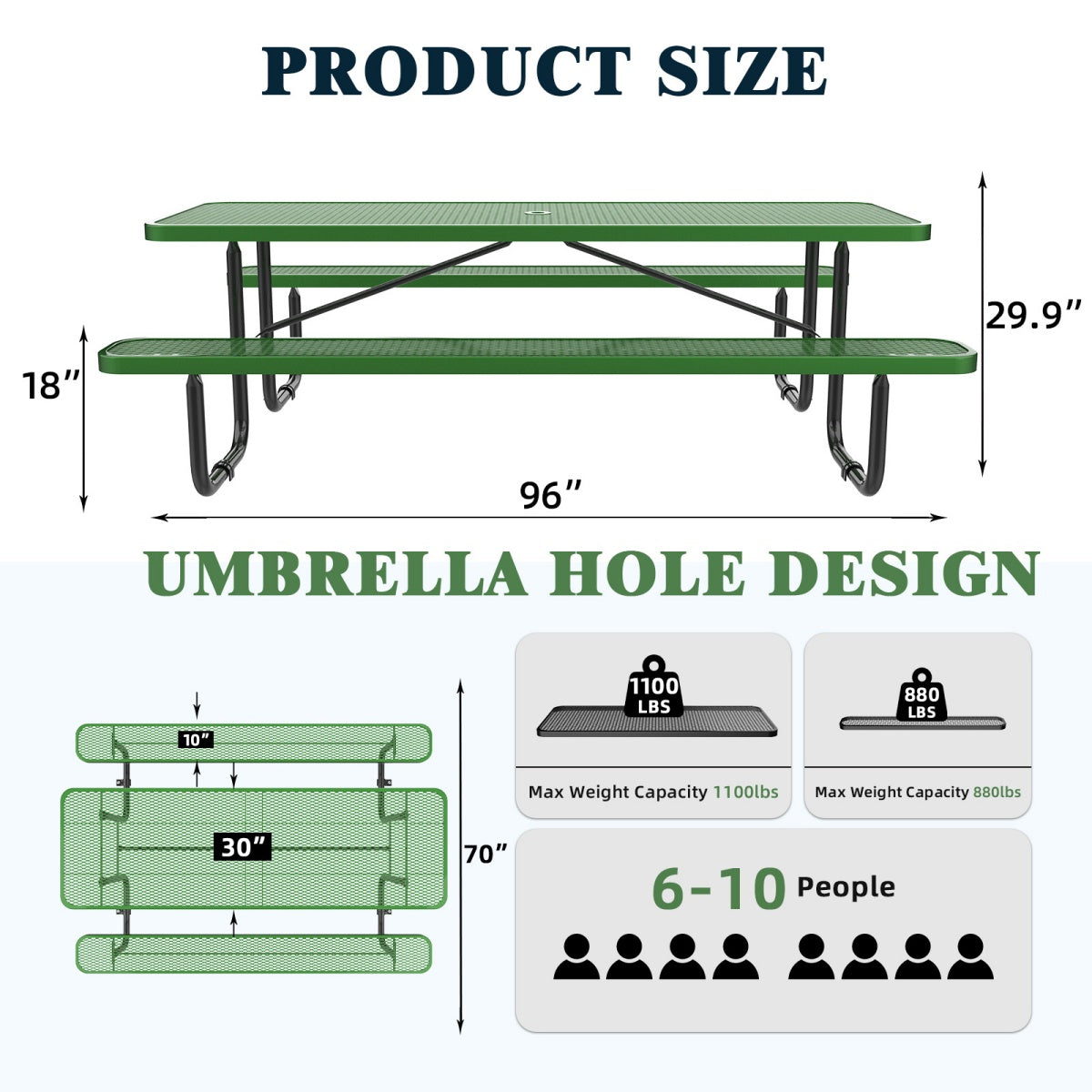 8ft Rectangle Picnic Table With Umbrella Hole