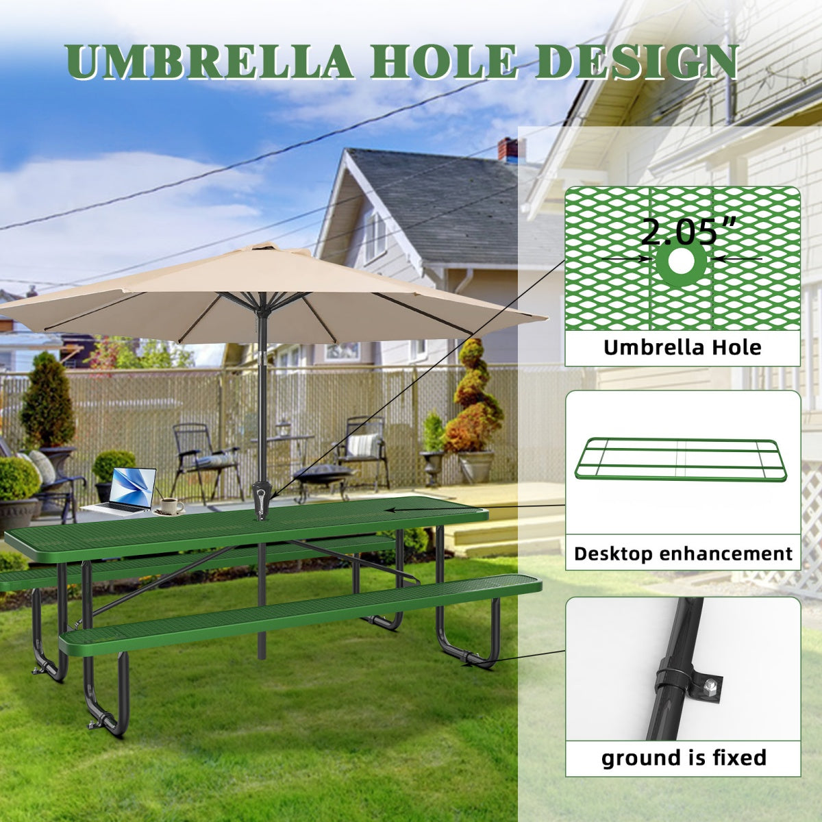 8ft Rectangle Picnic Table With Umbrella Hole