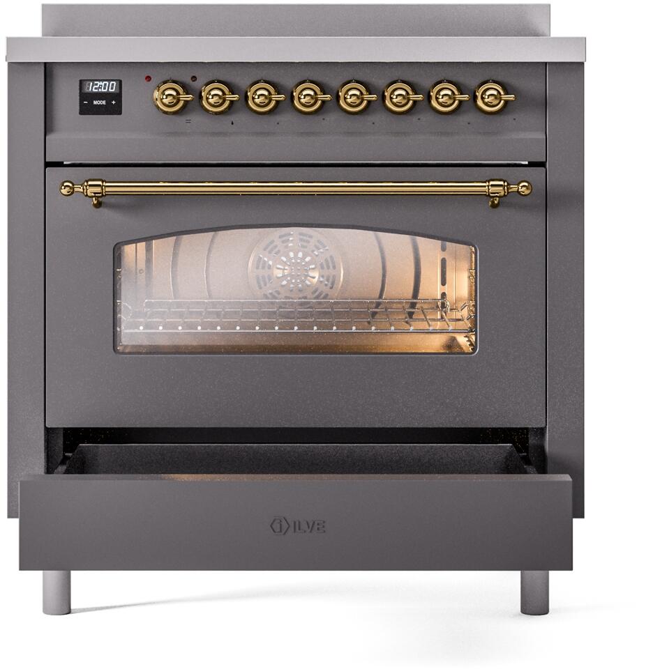 ILVE Nostalgie II 36-Inch Limited Edition Induction Range in Matte Graphite with Brass Trim (UPI366NMPMGG)