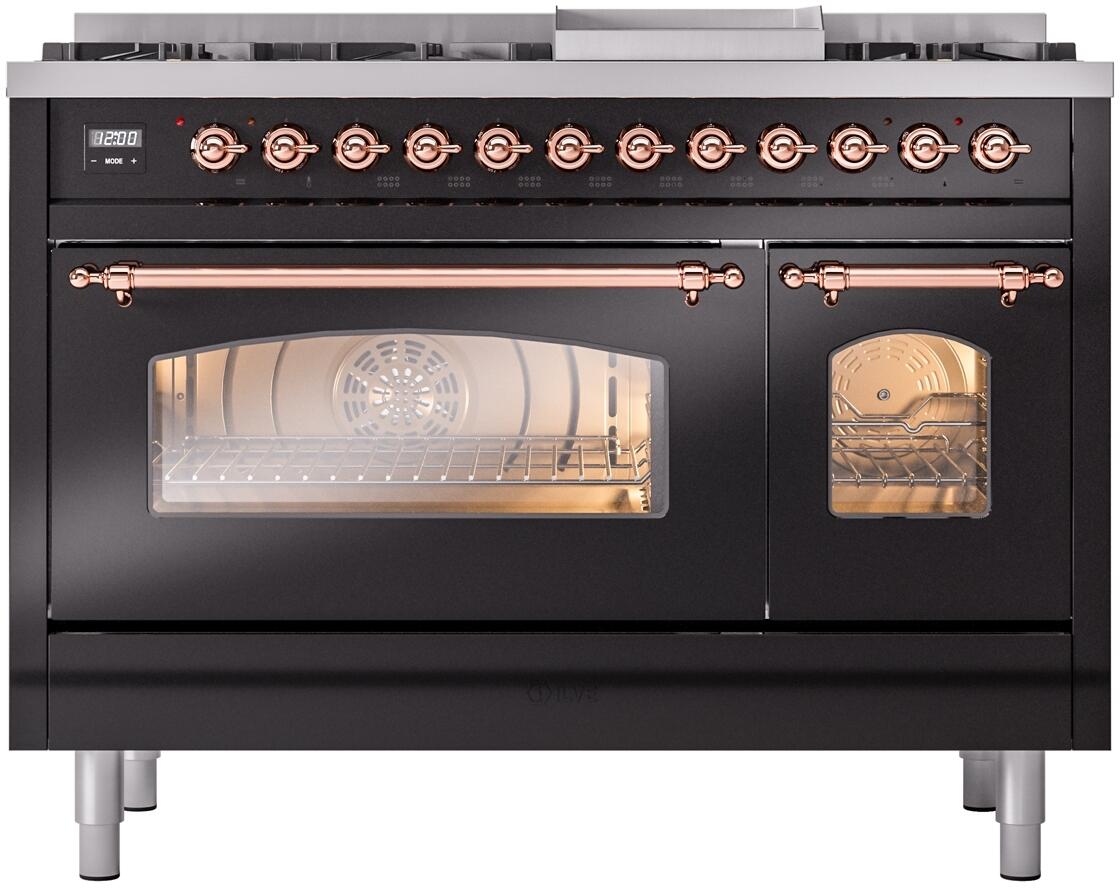 ILVE Nostalgie II 48-Inch Dual Fuel Freestanding Range in Glossy Black with Copper Trim (UP48FNMPBKPLP)