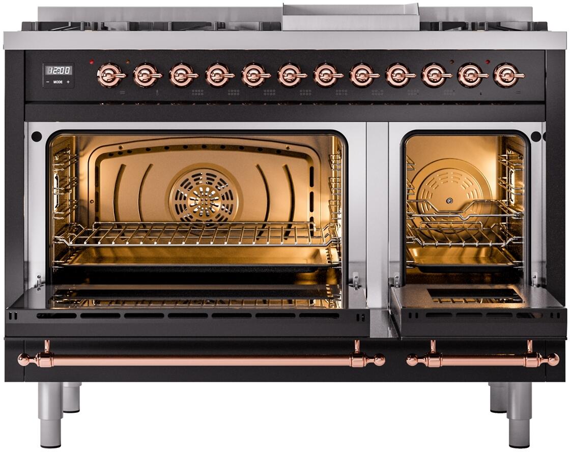 ILVE Nostalgie II 48-Inch Dual Fuel Freestanding Range in Glossy Black with Copper Trim (UP48FNMPBKPLP)