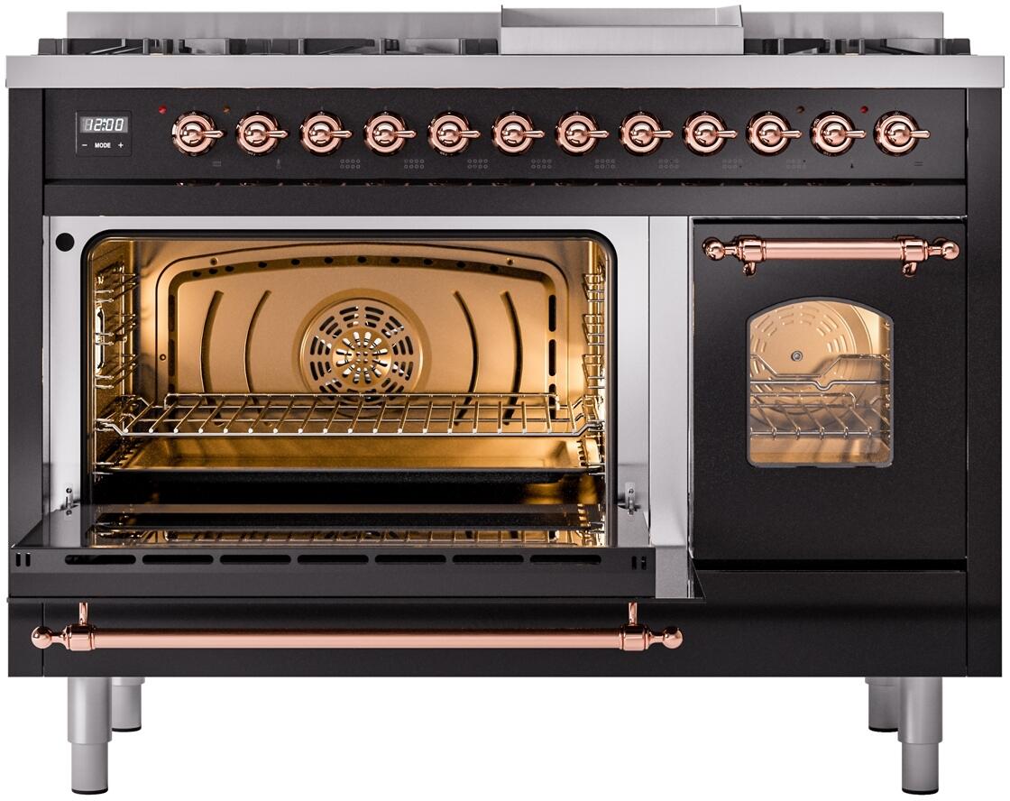 ILVE Nostalgie II 48-Inch Dual Fuel Freestanding Range in Glossy Black with Copper Trim (UP48FNMPBKPLP)