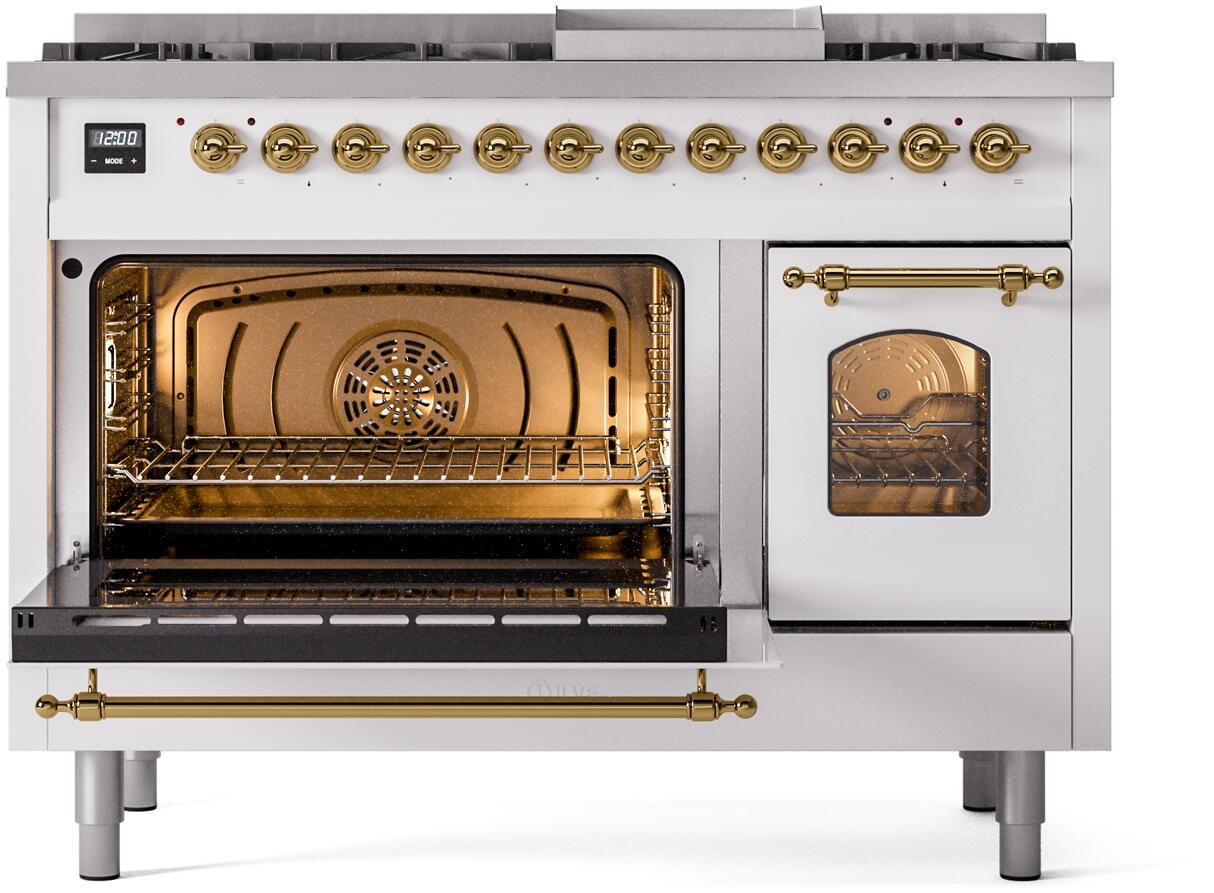 ILVE Nostalgie II 48-Inch Freestanding Natural Gas Dual Fuel Range in White with Brass Trim (UP48FNMPWHG)
