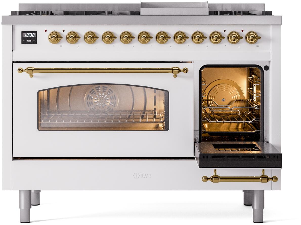 ILVE Nostalgie II 48-Inch Freestanding Natural Gas Dual Fuel Range in White with Brass Trim (UP48FNMPWHG)
