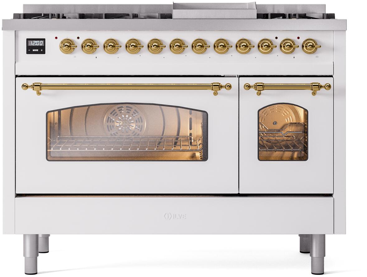 ILVE Nostalgie II 48-Inch Freestanding Natural Gas Dual Fuel Range in White with Brass Trim (UP48FNMPWHG)