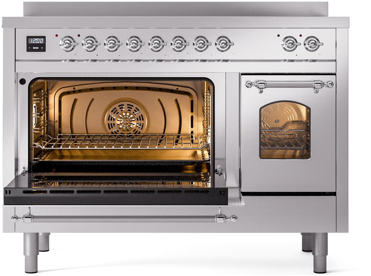 ILVE Nostalgie II 48-Inch Freestanding Electric Induction Range in Stainless Steel with Chrome Trim (UPI486NMPSSC)