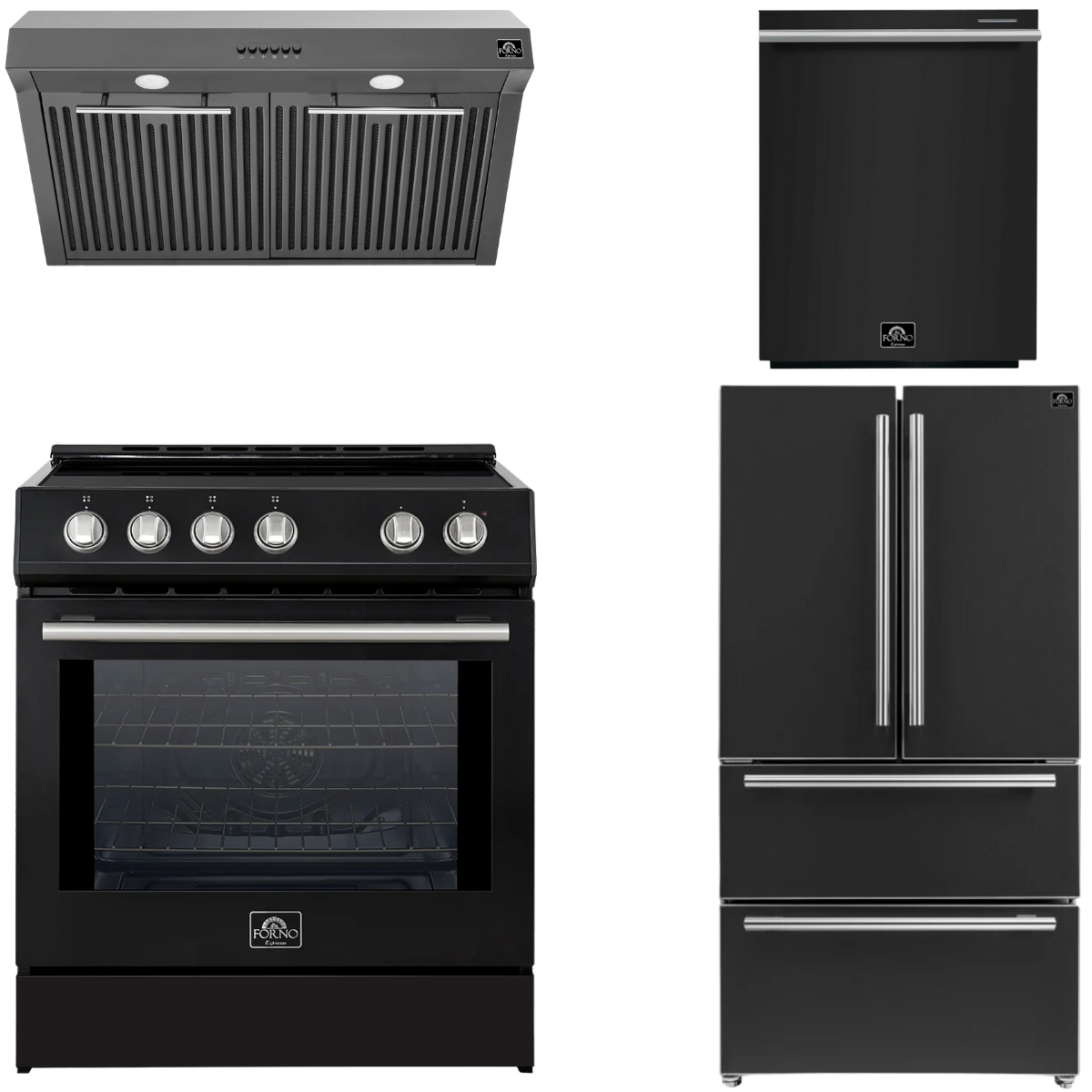FORNO Espresso Package - 30" Induction Range, Range Hood, 36" Refrigerator with Ice Maker and Dishwasher in Black with Silver Handles