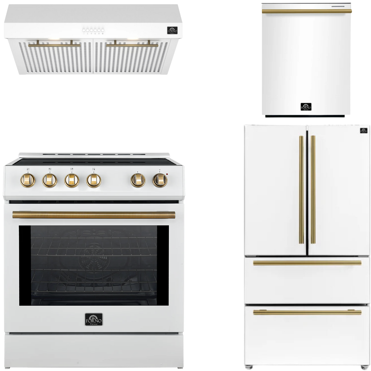FORNO Espresso Package - 30" Induction Range, Range Hood, 36" Refrigerator with Ice Maker and Dishwasher in White with Antique Brass Handles