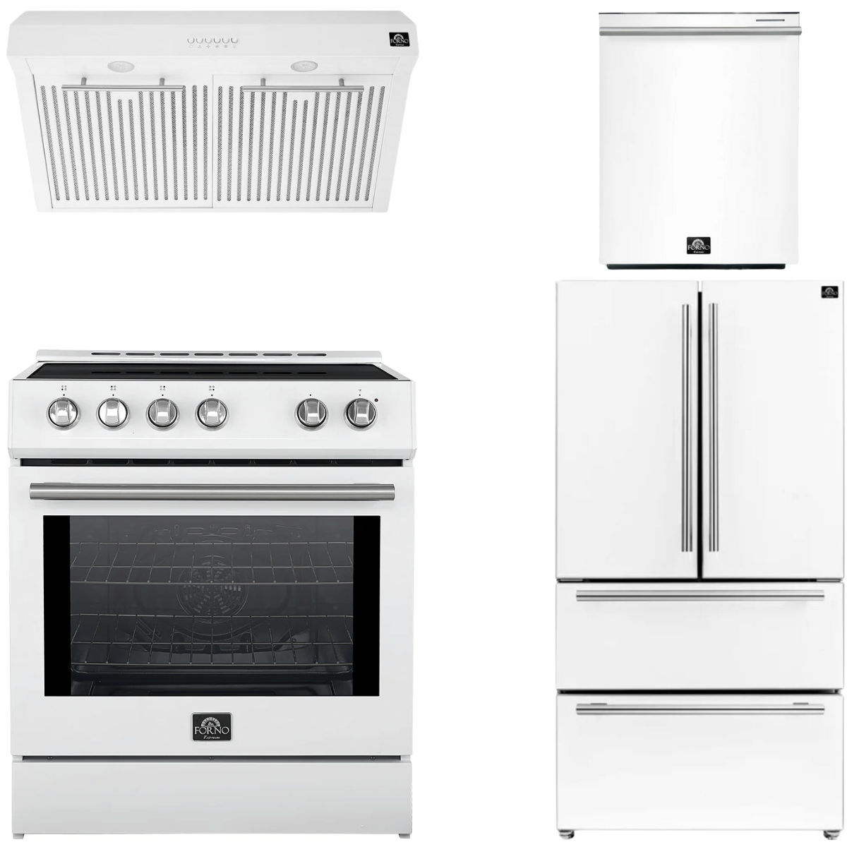 FORNO Espresso Package - 30" Induction Range, Range Hood, 36" Refrigerator with Ice Maker and Dishwasher in White with Silver Handles