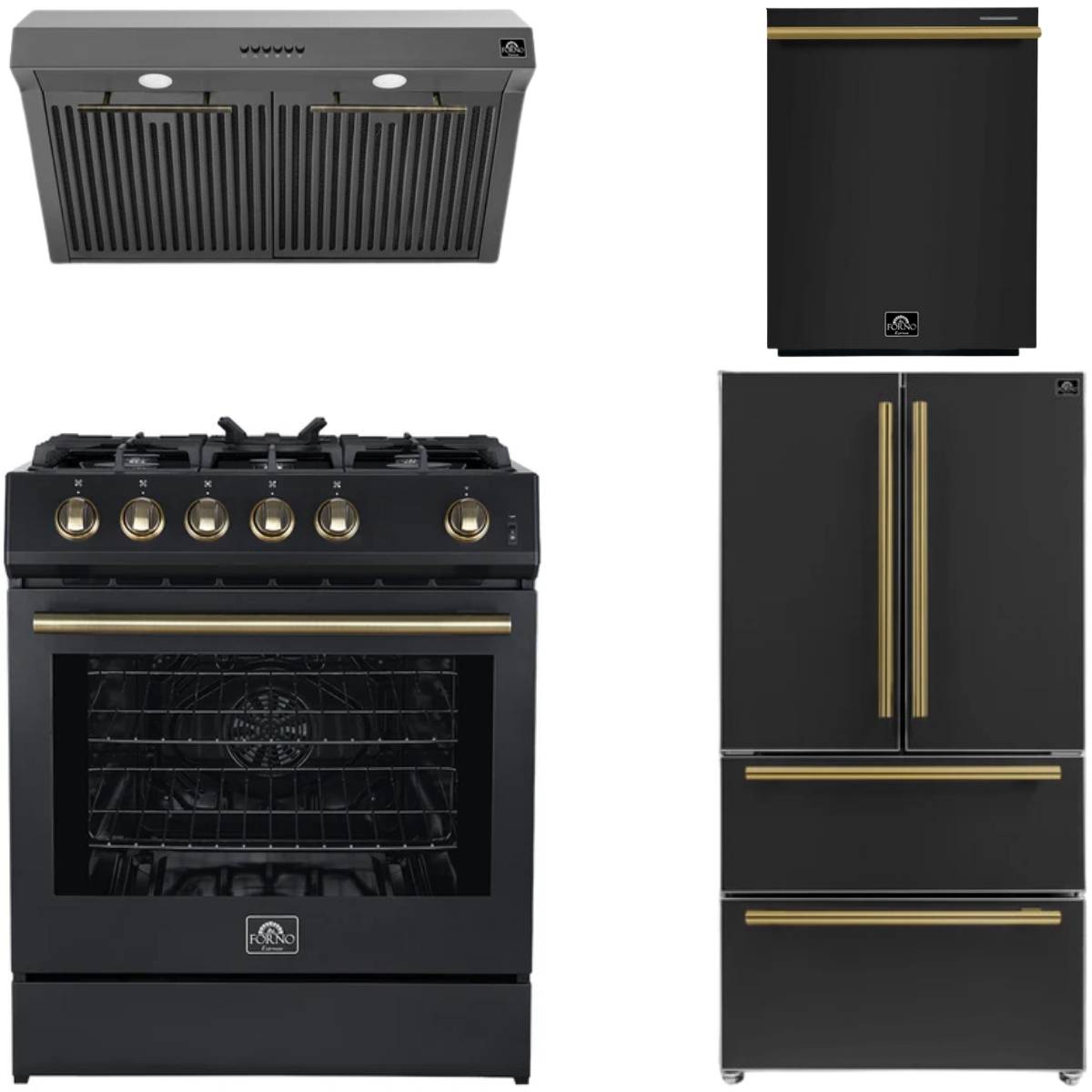 FORNO Espresso Package - 30" Gas Range, Range Hood, 36" Refrigerator with Ice Maker and Dishwasher in Black with Antique Brass Accents
