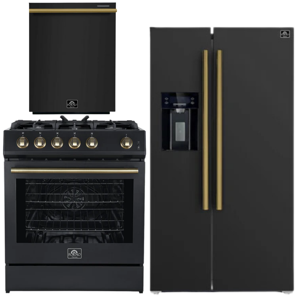 FORNO Espresso Package - 30" Gas Range, 36" Refrigerator with Water and Ice Dispenser and Dishwasher in Black with Antique Brass Accents