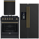 FORNO Espresso Package - 30" Gas Range, 36" Refrigerator with Water and Ice Dispenser and Dishwasher in Black with Antique Brass Accents