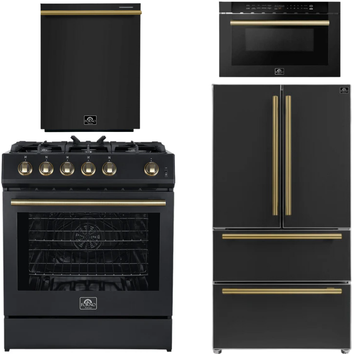 FORNO Espresso Package - 30" Gas Range, 36" Refrigerator with Ice Maker, Dishwasher and 24" Microwave Drawer in Black with Antique Brass Accents