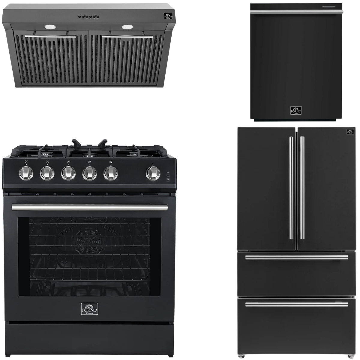 FORNO Espresso Package - 30" Gas Range, Range Hood, 36" Refrigerator with Ice Maker and Dishwasher in Black with Silver Accents