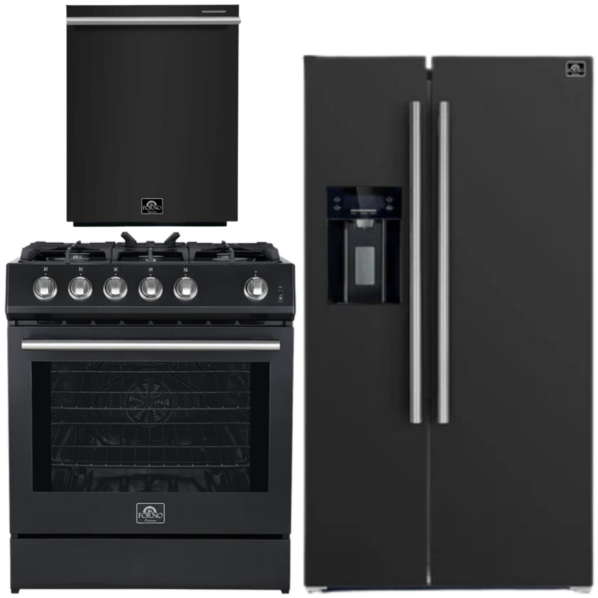 FORNO Espresso Package - 30" Gas Range, 36" Refrigerator with Water and Ice Dispenser and Dishwasher in Black with Silver Accents
