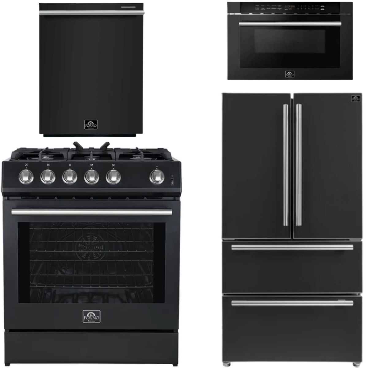 FORNO Espresso Package - 30" Gas Range, 36" Refrigerator with Ice Maker, Dishwasher and 24" Microwave Drawer in Black with Silver Accents
