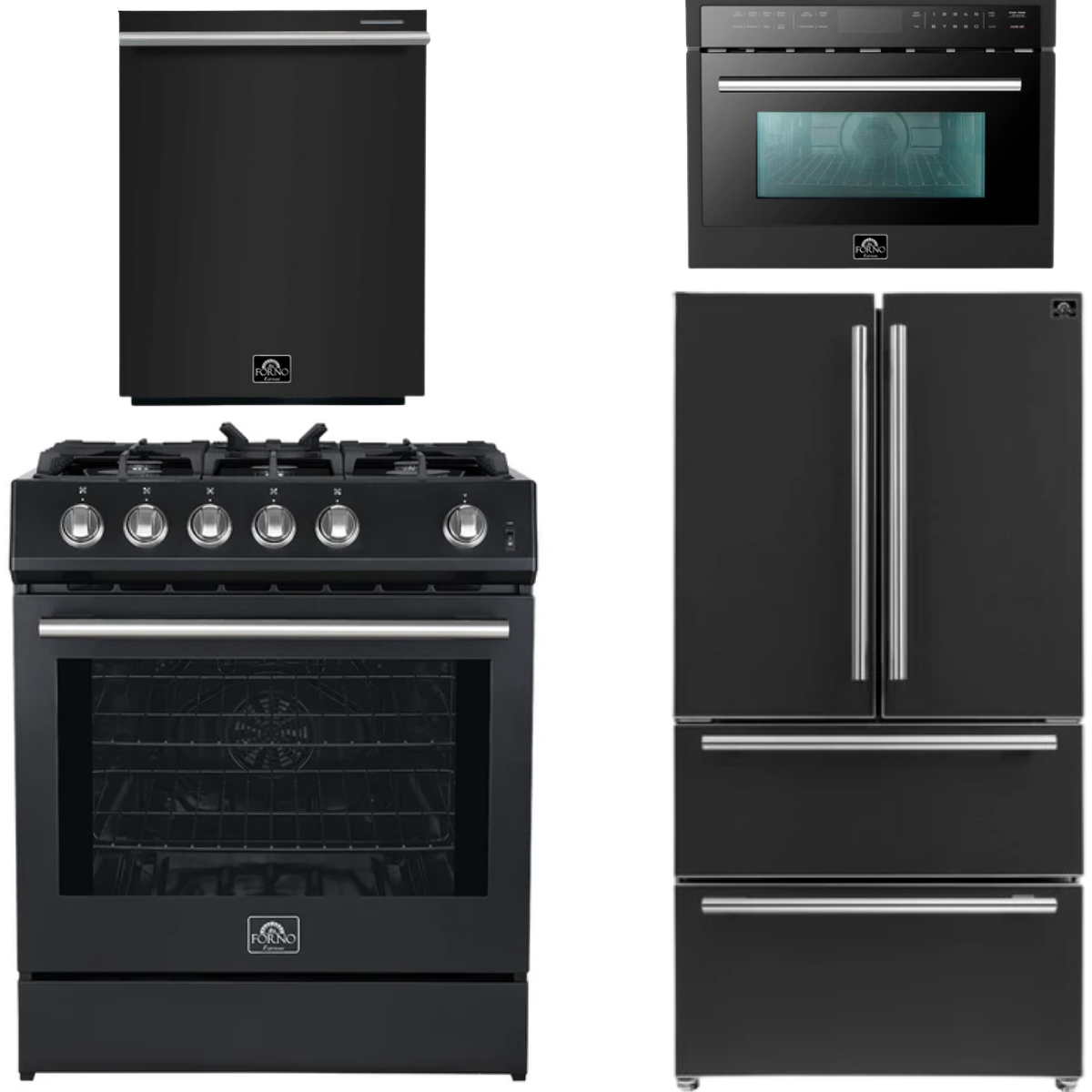 FORNO Espresso Package - 30" Gas Range, 36" Refrigerator with Ice Maker, Dishwasher and 24" Microwave Oven in Black with Silver Accents