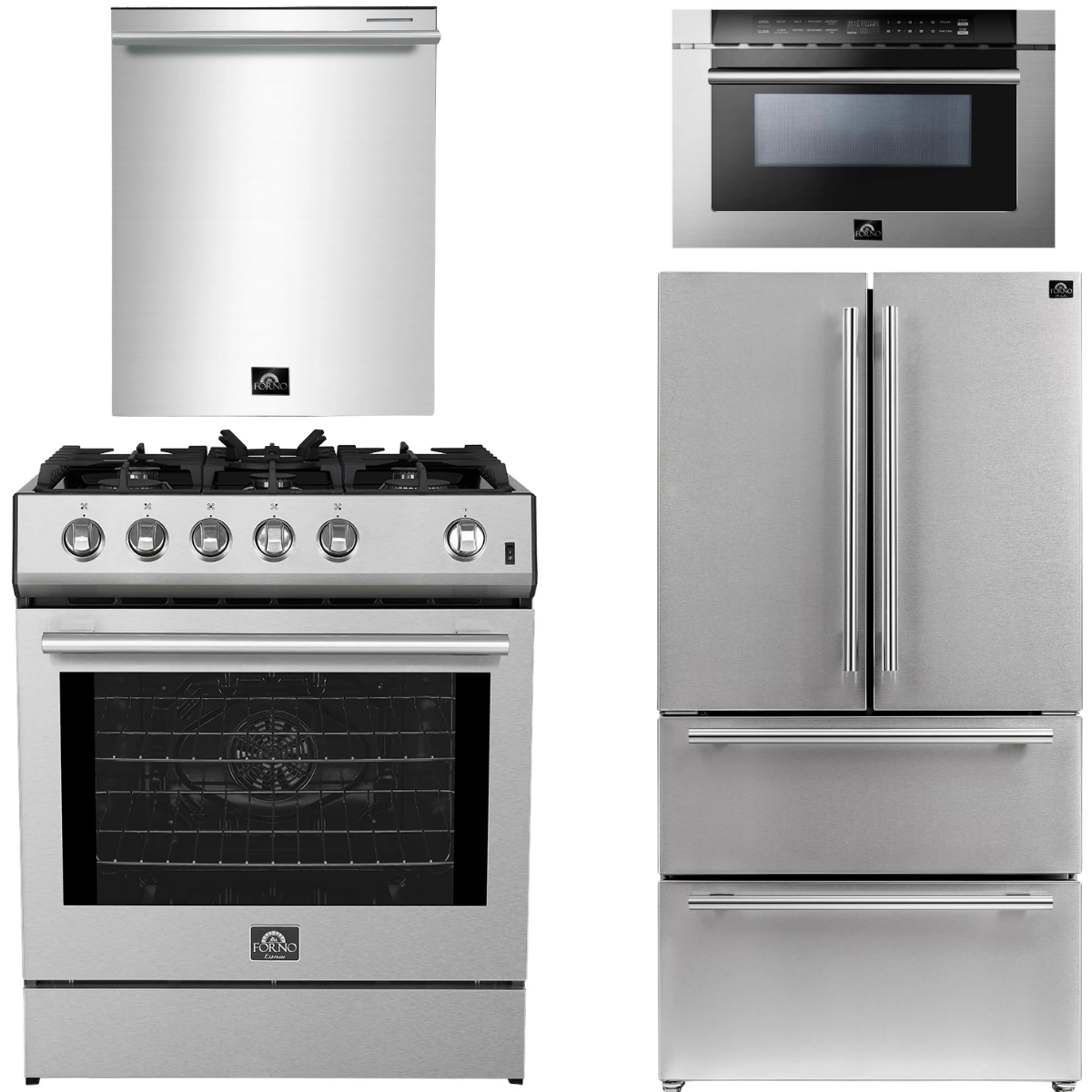 FORNO Espresso Package - 30" Gas Range, 36" Refrigerator with Ice Maker, Dishwasher and 24" Microwave Drawer in Stainless Steel