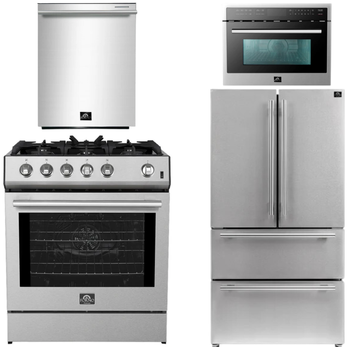 FORNO Espresso Package - 30" Gas Range, 36" Refrigerator with Ice Maker, Dishwasher and 24" Microwave Oven in Stainless Steel
