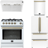 FORNO Espresso Package - 30" Gas Range, Range Hood, 36" Refrigerator with Ice Maker and Dishwasher in White with Antique Brass Accents