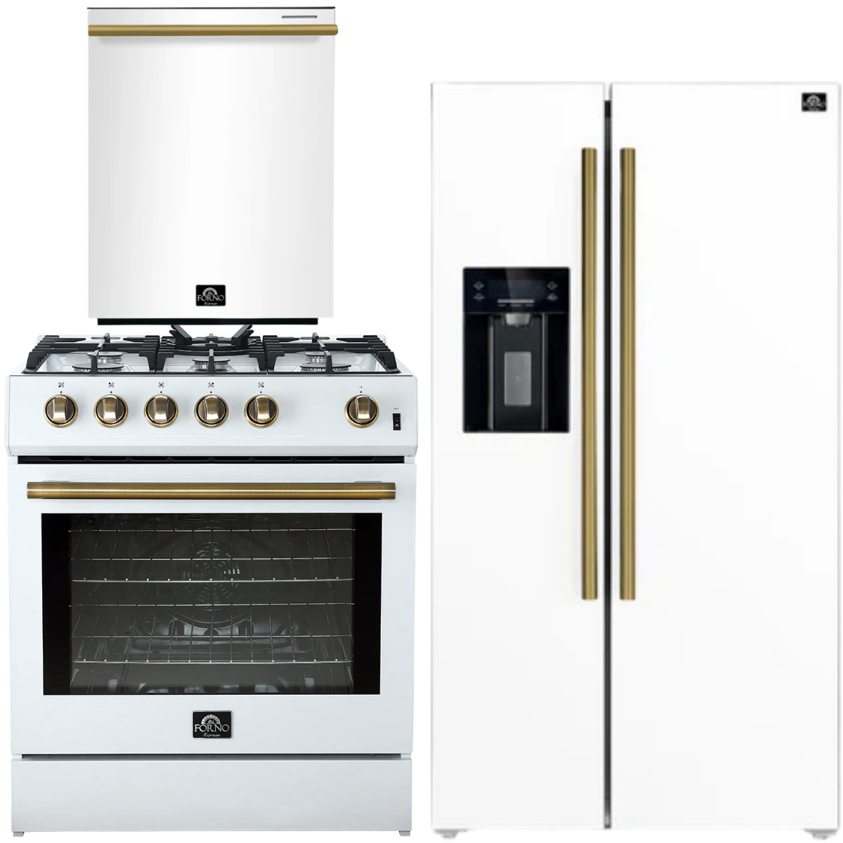 FORNO Espresso Package - 30" Gas Range, 36" Refrigerator with Water and Ice Dispenser and Dishwasher in White with Antique Brass Accents
