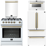 FORNO Espresso Package - 30" Gas Range, 36" Refrigerator with Ice Maker, Dishwasher and 24" Microwave Drawer in White with Antique Brass Accents