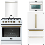FORNO Espresso Package - 30" Gas Range, 36" Refrigerator with Ice Maker, Dishwasher and 24" Microwave Oven in White with Antique Brass Accents