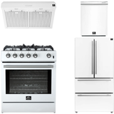 FORNO Espresso Package - 30" Gas Range, Range Hood, 36" Refrigerator with Ice Maker and Dishwasher in White with Silver Accents