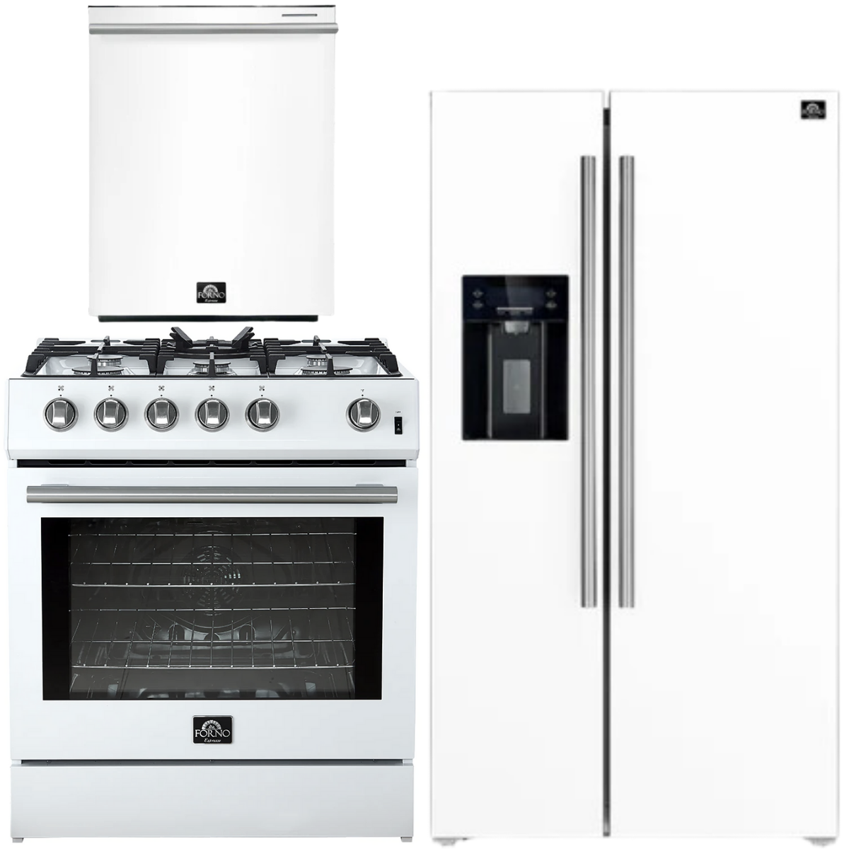 FORNO Espresso Package - 30" Gas Range, 36" Refrigerator with Water and Ice Dispenser and Dishwasher in White with Silver Accents