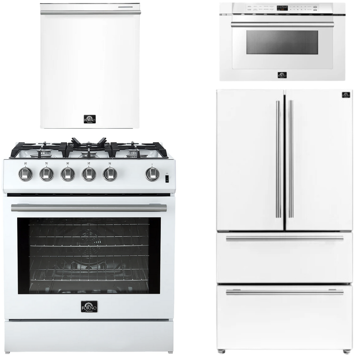 FORNO Espresso Package - 30" Gas Range, 36" Refrigerator with Ice Maker, Dishwasher and 24" Microwave Drawer in White with Silver Accents
